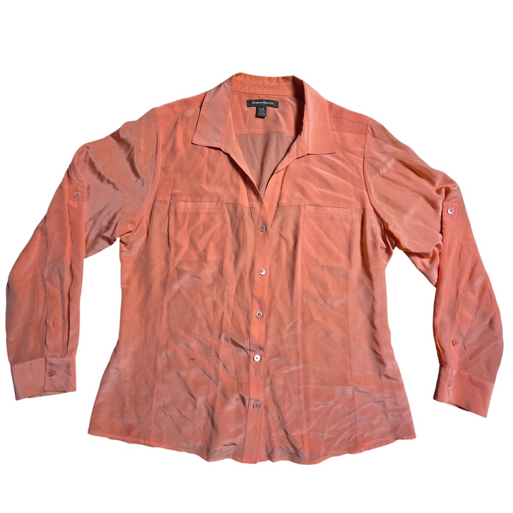 Tommy Bahama Silk Roll Tab Button Up Shirt L Coral Elevated Basic Smart Casual